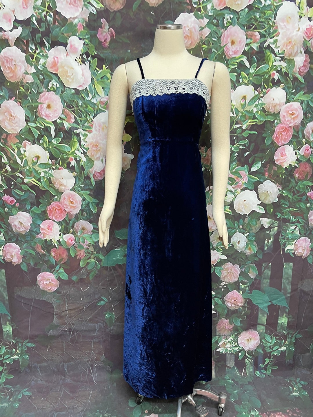 80s Sylvia Ann Blue Velvet Maxi Slip Dress XS - Etsy