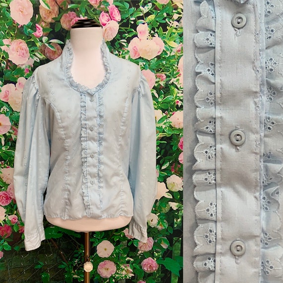 80s Miss Rodeo Blue Eyelet Lace Prairie Blouse