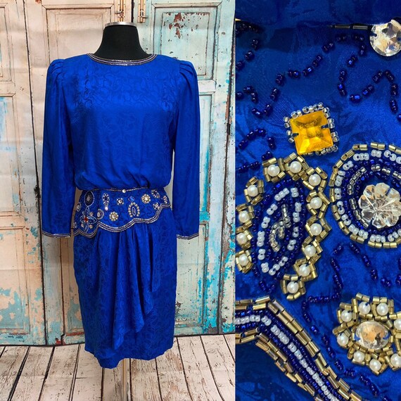 80s I Magnin Blue Silk Dress Beaded Sequins