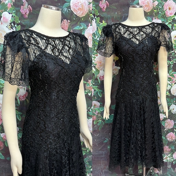 80s Black Sequin Floral Lace Overlay Slip Dress