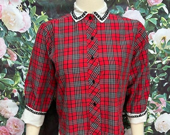 60s Red Plaid Blouse White Collar French Cuffs