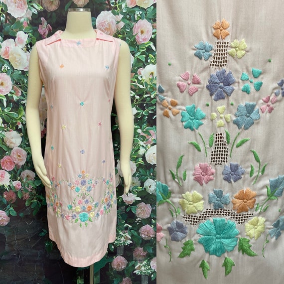 60s Pink Embroidered Pastel Flowers Dress - image 1