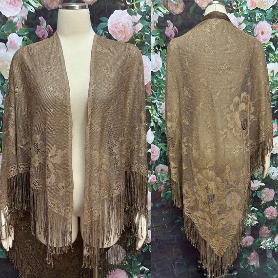 70s Dark Gold Lurex Fringe Shawl Lace Net