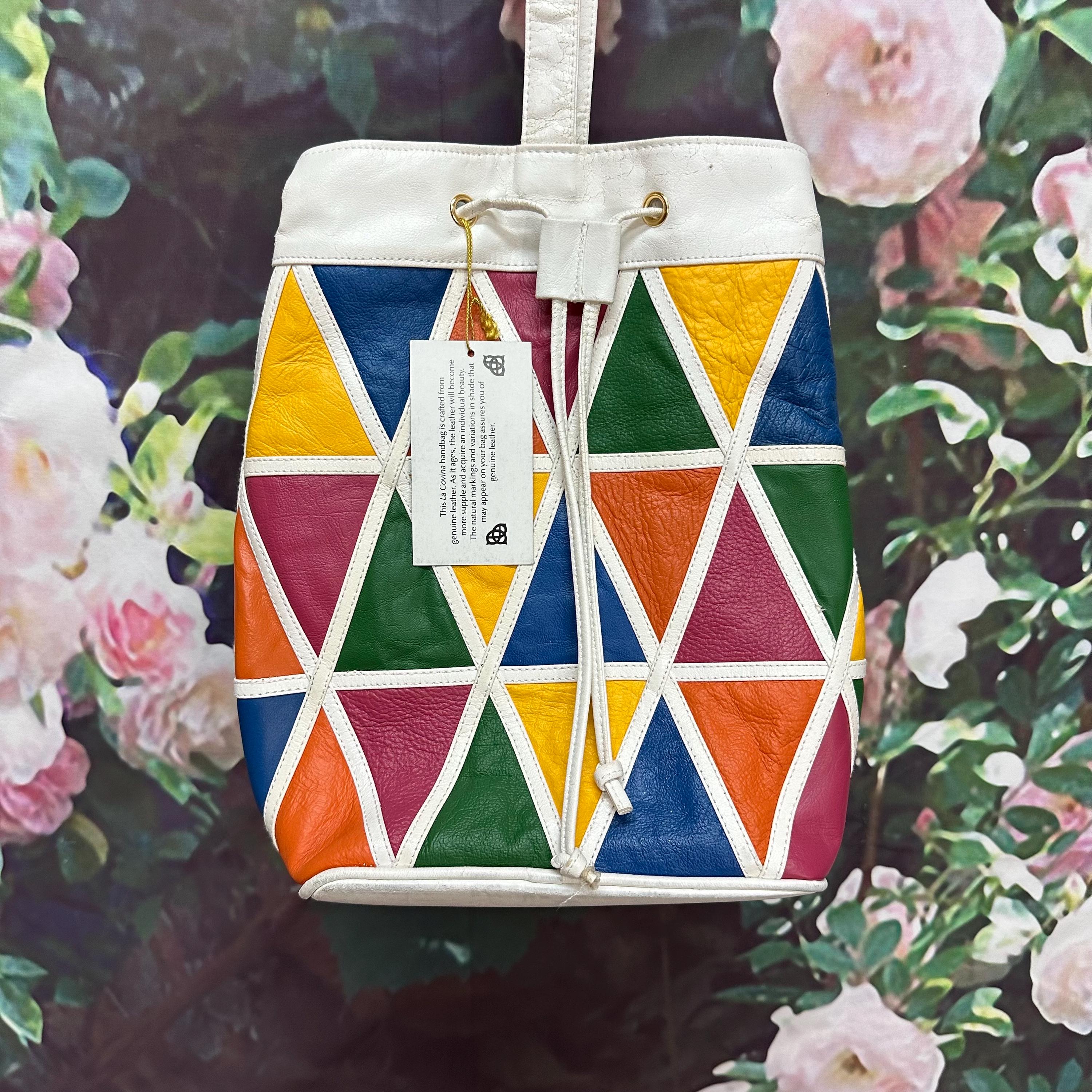 80s La Covina Leather Patchwork Handbag Multi Color Tote  display picture 1