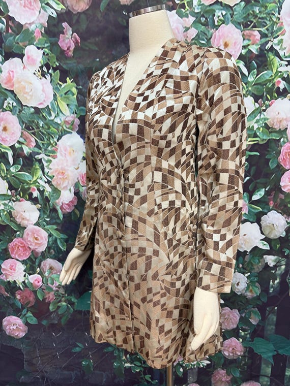 70s Brown Op Art Jacquard Jacket Mod Coat - image 2