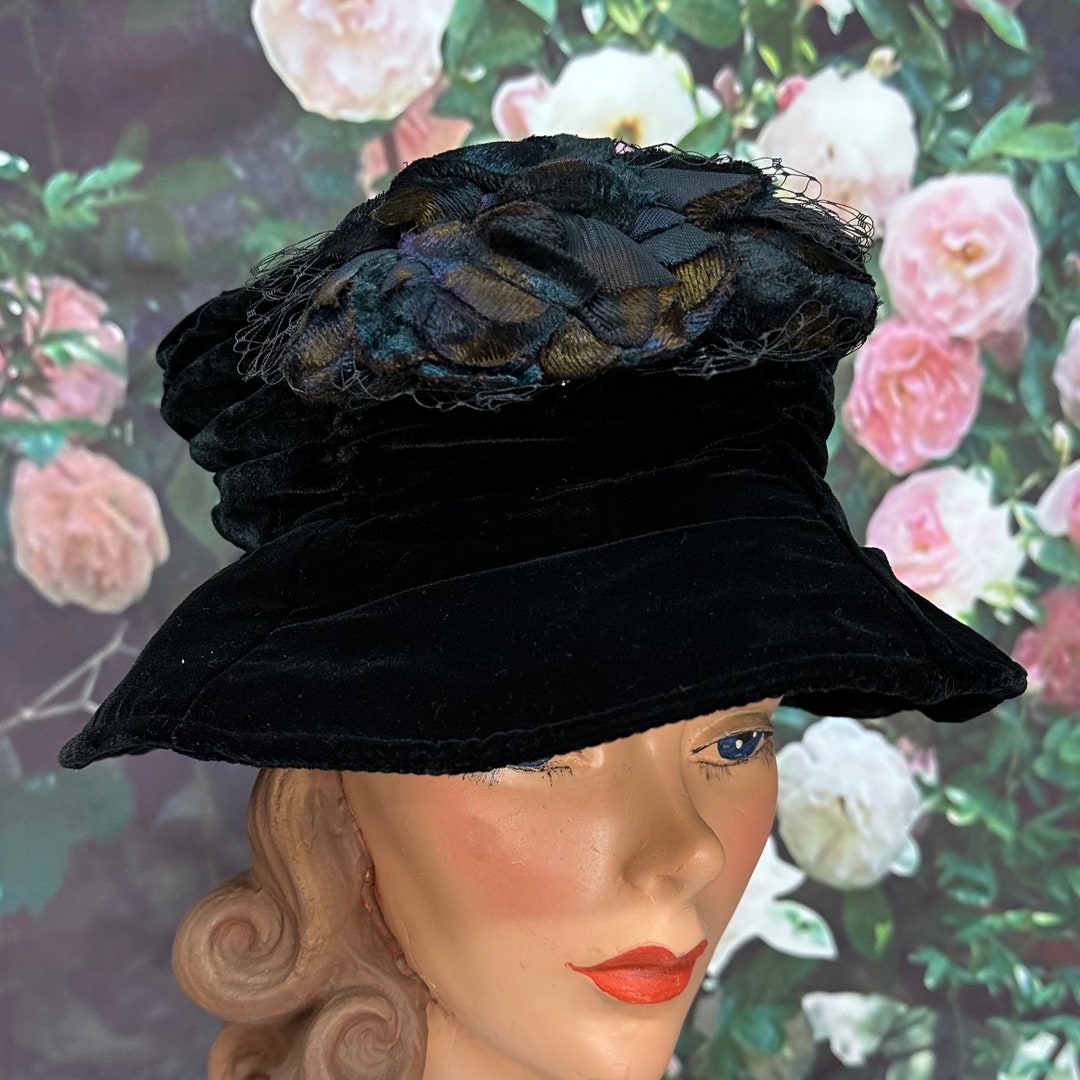 90s Boho Black Velvet Bucket Hat Silk Flower Etsy
