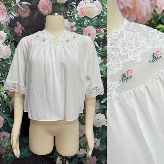 70s Shadowline White Bed Jacket Lace Short Robe Bridal Gem