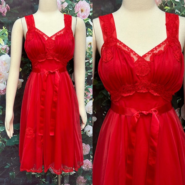 50s Sans Souci Red Chiffon Negligee Nightgown Size 32