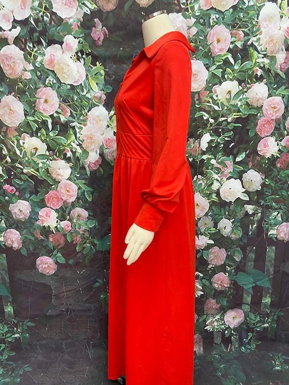 70s Red Polyester Knit Maxi Dress Dagger Collar - image 6