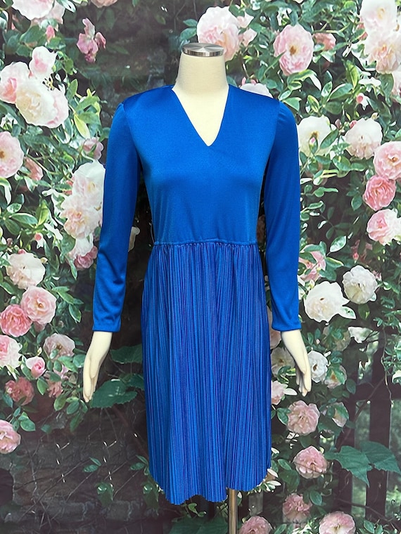 70s Neiman Marcus Blue Pleated Dress Arthur Conne… - image 1