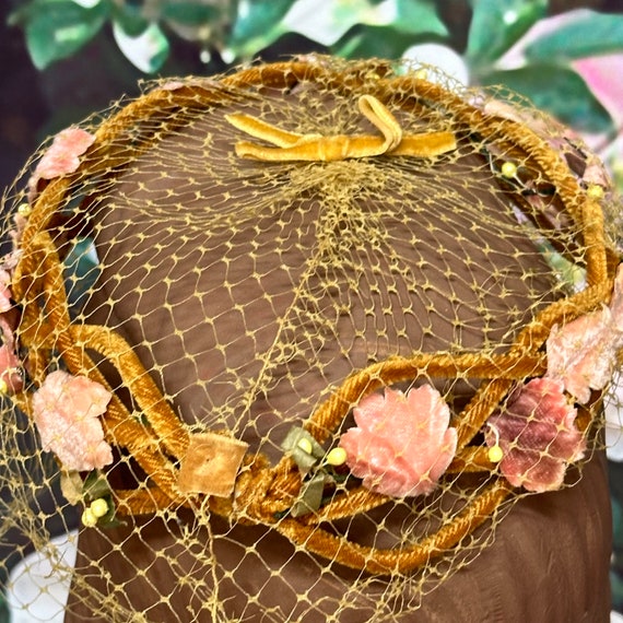 50s Gold Velvet Floral Lattice Hat Netting - Etsy