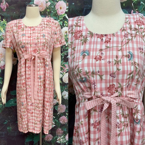 80s Halmode Petites Pink Check Floral Midi Dress