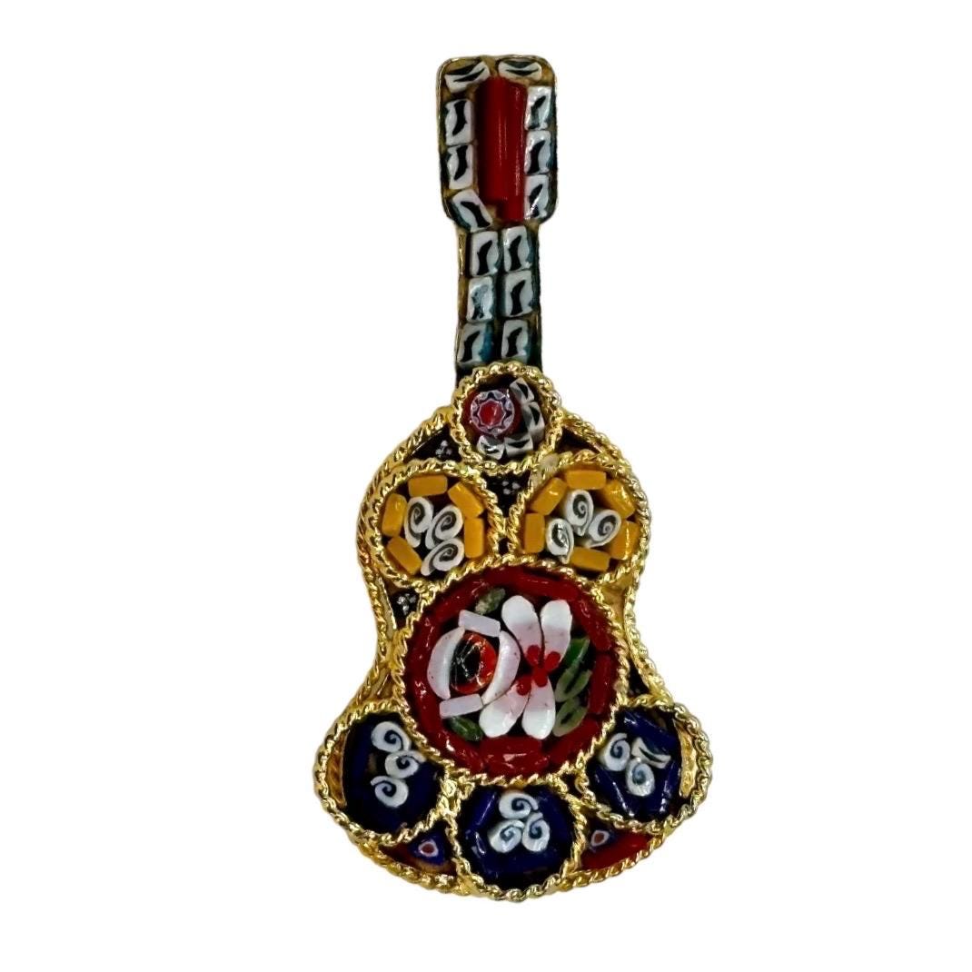 Broche mandoline italienne vintage en micromosaïque : bijoux musicaux ton argenté - France