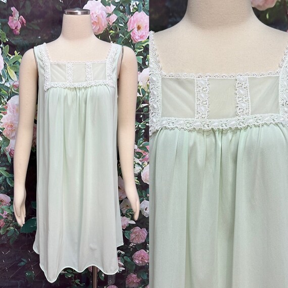 70s Mint Green Swing Nightgown White Lace Medium - image 1