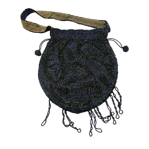 20s Art Deco Blue Micro Bead Drawstring Handbag F… - image 7