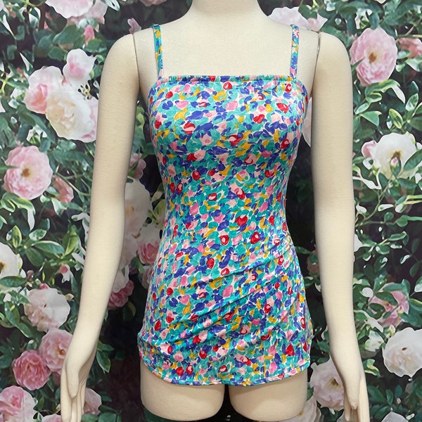 70s Gabar Blue Abstract Floral Playsuit One Piece Swimsuit