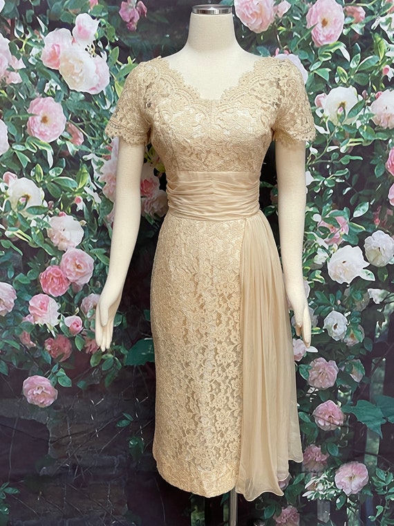 50s Norman Original Cream Lace Cocktail Dress Sil… - image 2