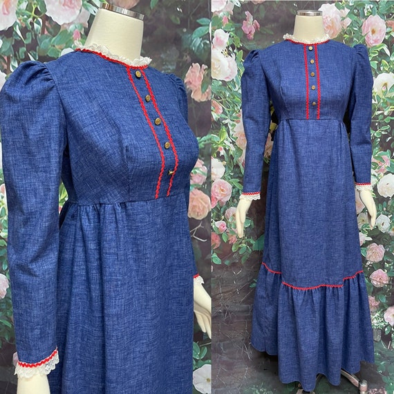 70s Blue Denim Prairie Maxi Dress Cottagecore - image 1