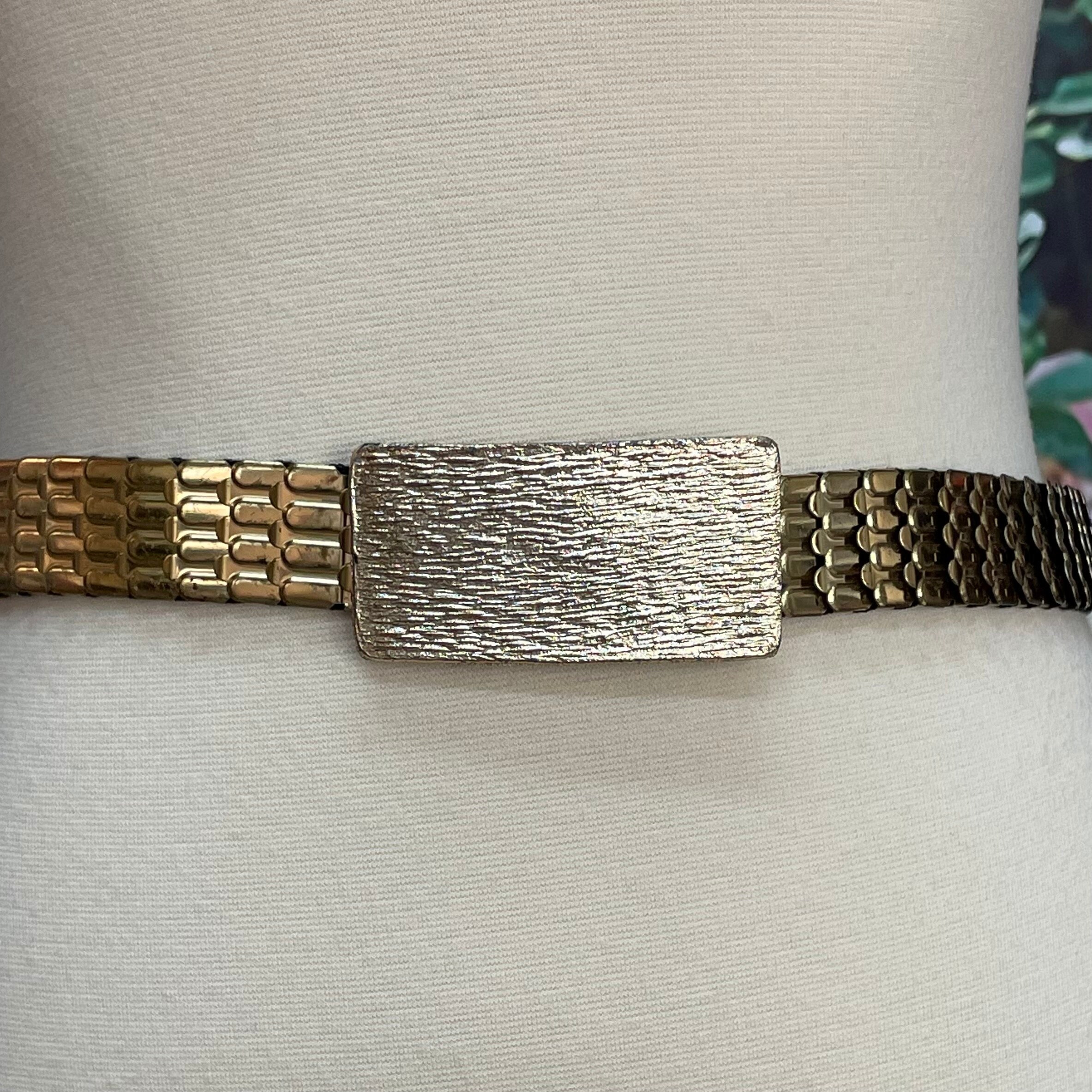 Vintage Gold Belt Stretch Metal Fishscale Elastic Belt Round Buckle 1970s-80s Gold Elastic Fish Scale Belt with Medallion Hook  main image 2