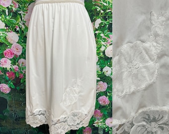 60s Lorraine White Nylon Skirt Slip Lace Flowers S/M