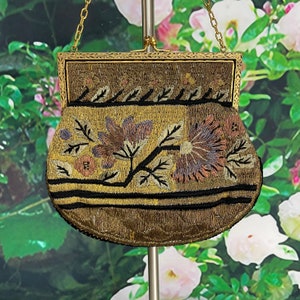 Antique French 1910 Gold Thread Purse Embroidered Floral Handbag