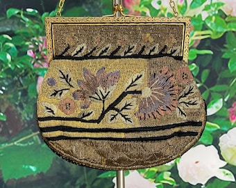 Antique French 1910 Gold Thread Purse Embroidered Floral Handbag
