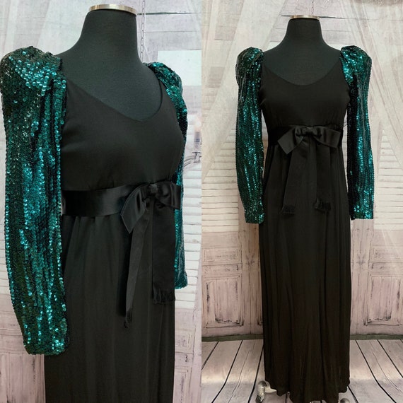 60s Mollie Parnis Black Gown Teal Sequin Sleeves