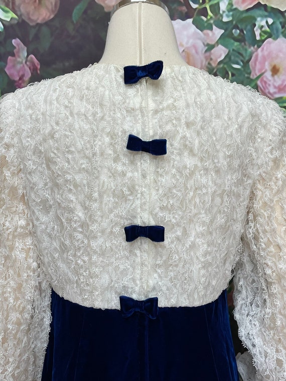 60s Blue Velvet Maxi Dress White Lace Bodice Bow … - image 9