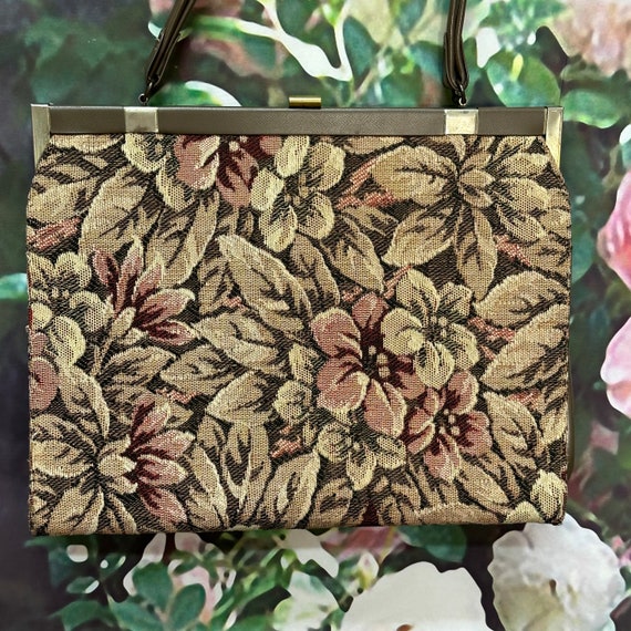 60s Dover Brown Floral Tapestry Handbag Large - image 6