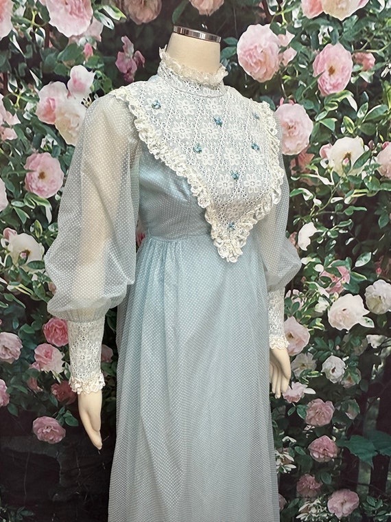 70s Blue Swiss Dot Maxi Dress White Lace Victoria… - image 7
