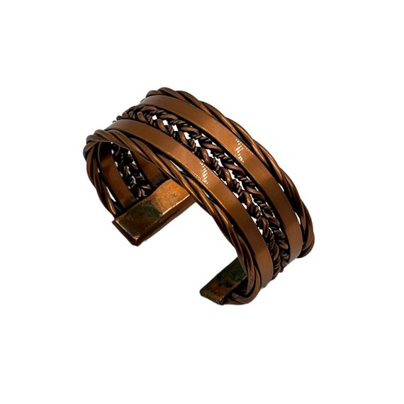 80s Copper Cuff Bracelet Woven Pattern - image 4