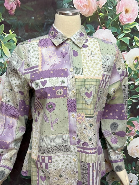 80s Purple Heart Patchwork Button Down Blouse - image 2