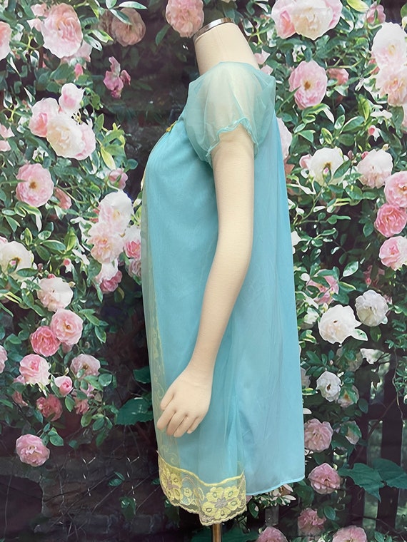 60s Turquoise Blue Chiffon Babydoll Nightgown Gol… - image 8