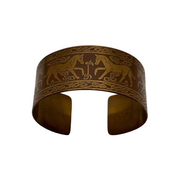 Vintage Celtic Knotwork Horse Brass Cuff Bracelet - image 1