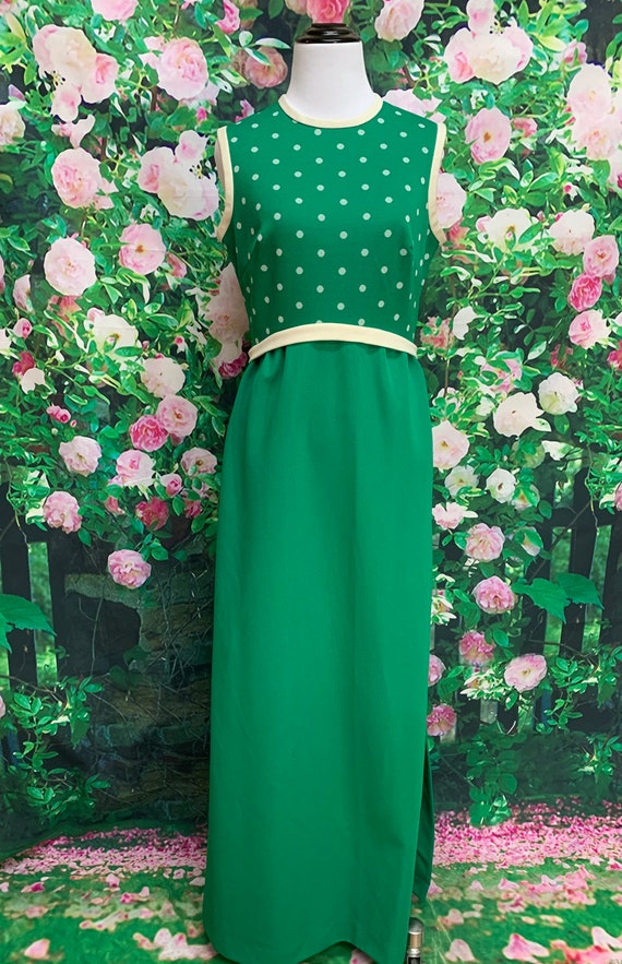 60s Kelly Green Polka Dot Maxi Dress Polyester Kn… - image 2