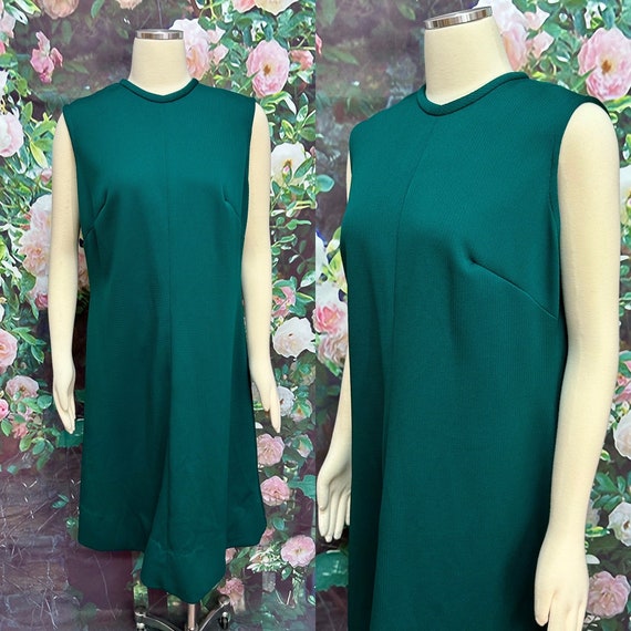 60s Evergreen Green Knit Mod Shift Dress Plus Size - image 1