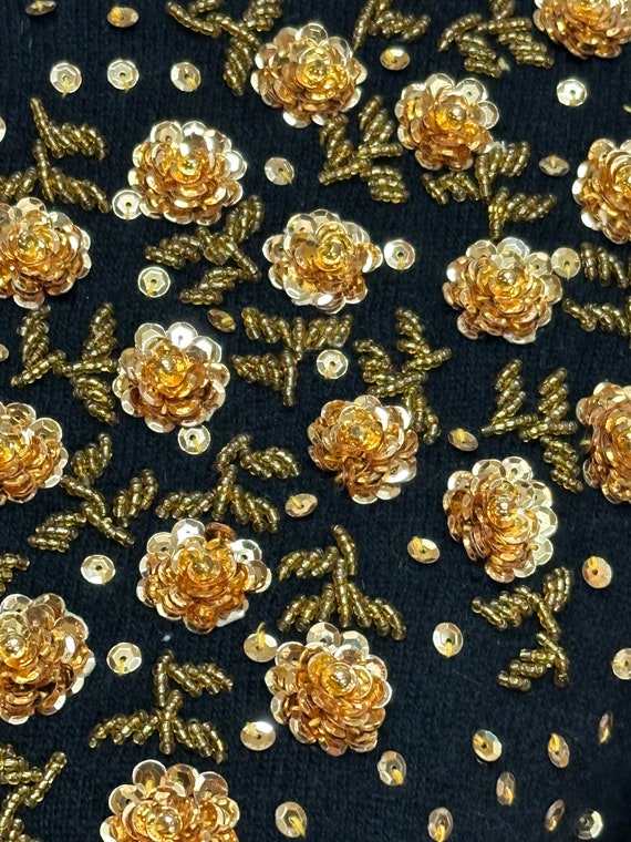 50s Black Wool Cardigan Gold Sequin Flowers Beads - image 4