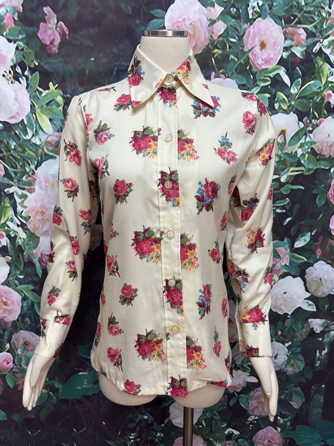 70s Pink Roses Blouse Button Down Dagger Collar Laura Mae - Etsy