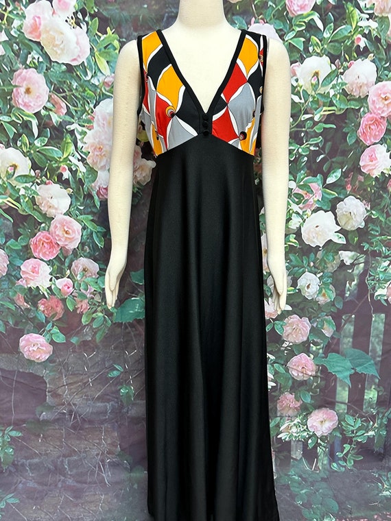 70s Saks Fifth Ave Black Maxi Dress Harlequin Multi Color 70s Saks Fifth Ave Black Maxi Dress Harlequin Multi Color