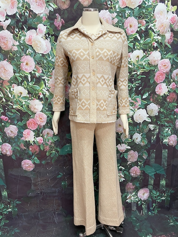 70s Tan Polyester Three Piece Pant Suit Cardigan … - image 2