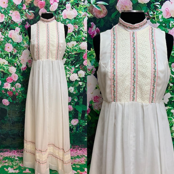70s Candi Jones White Boho Maxi Dress High Neck La
