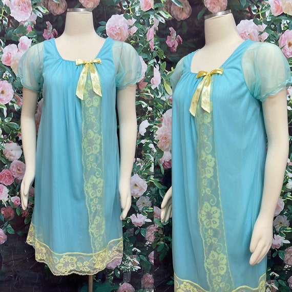 60s Turquoise Blue Chiffon Babydoll Nightgown Gol… - image 1