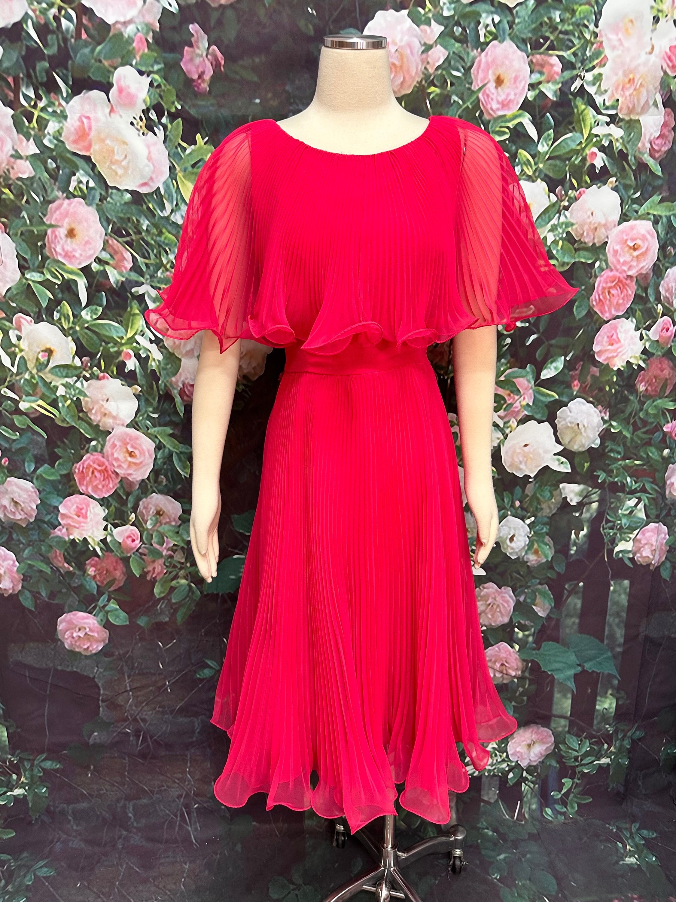 70s Miss Elliette Hot Pink Pleated Dress Capelet Lettuce