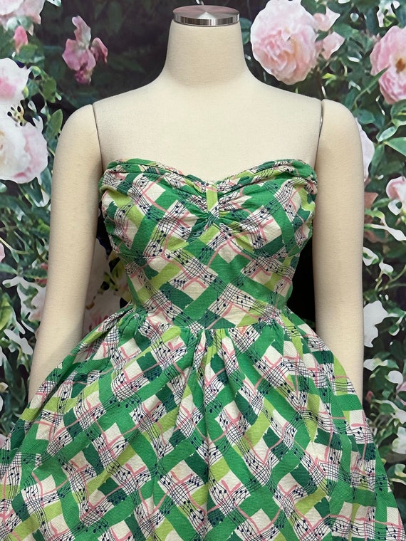 50s Green Musical Notes Strapless Dress XS - image 3