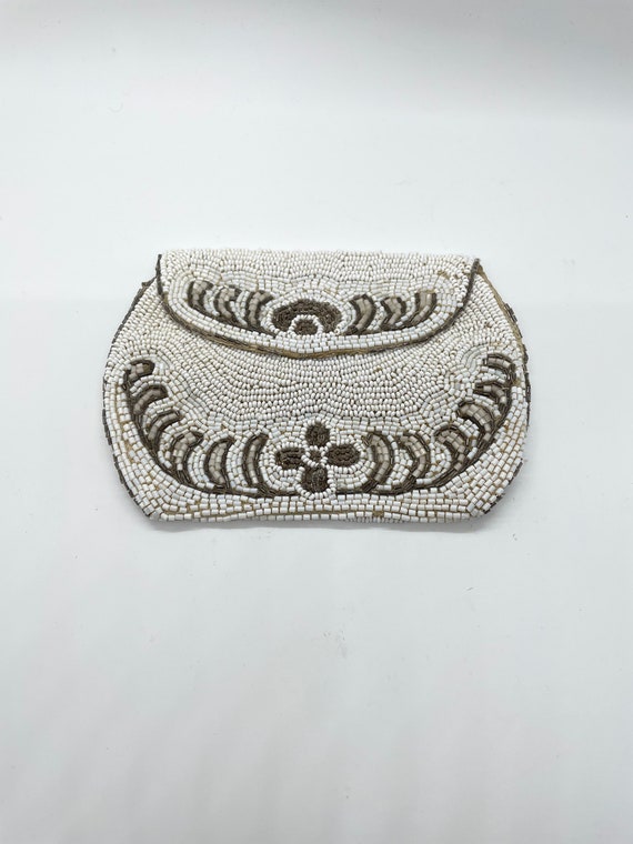 20s Art Deco White Czech Bead Pouch Flower Purse … - image 2