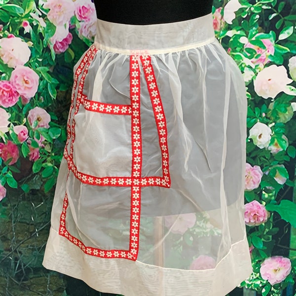 60s Sheer Chiffon Apron Red Flower Off White Pocket Hostess