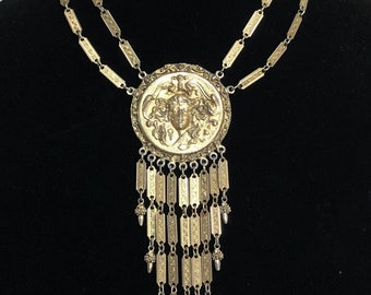 Art Nouveau Gothic Medallion Necklace Gold Dangle