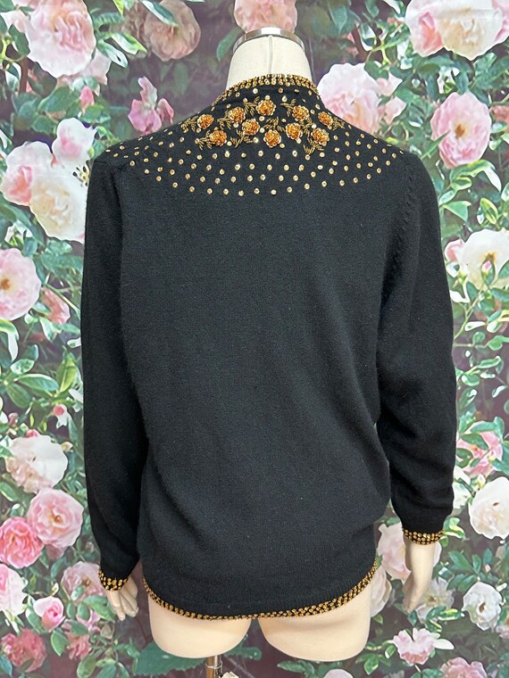 50s Black Wool Cardigan Gold Sequin Flowers Beads - image 8