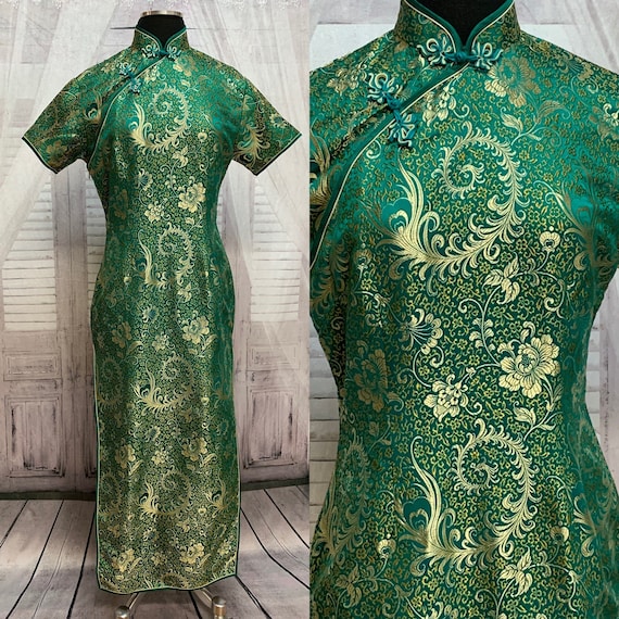 80s Green Silk Brocade Cheongsam Dress Gold Floral