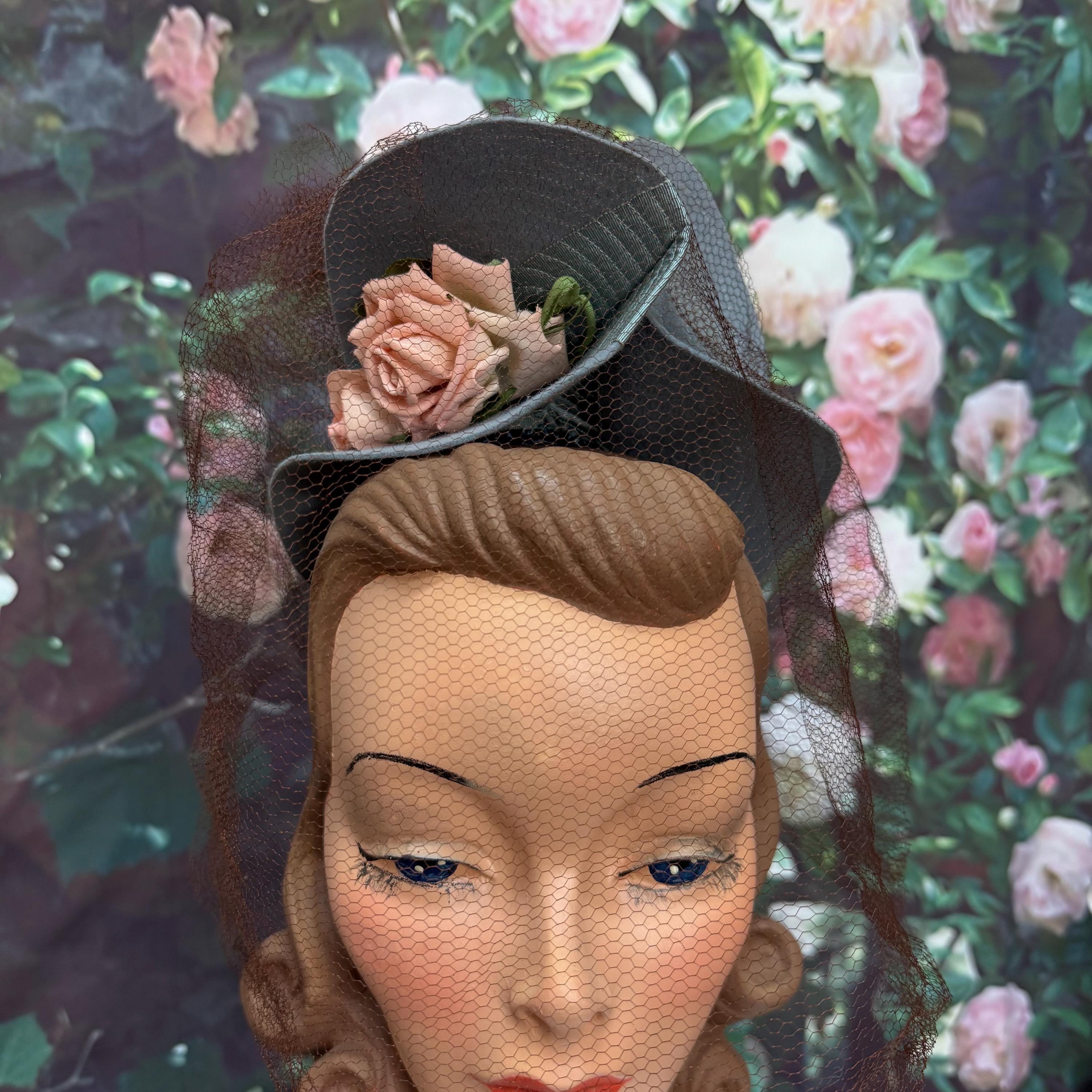 40s Dusty Blue Tilt Hat Pink Flowers Brown Netting - Etsy display picture 1